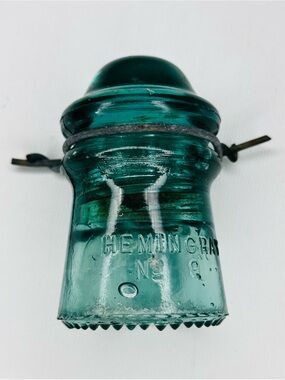 Antique Hemingray No 9 Aqua Glass Insulator w Original Tie Wire Telegraph Pole